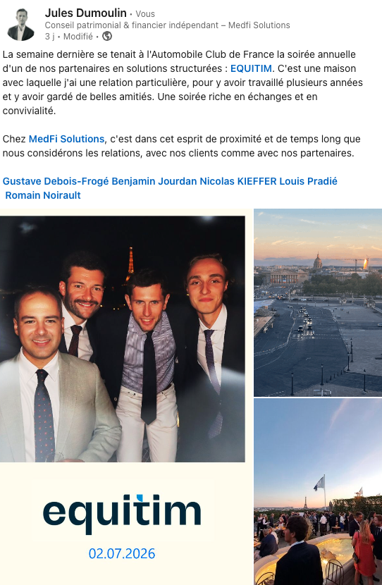 Post LinkedIn — Jules Dumoulin, soirée Equitim